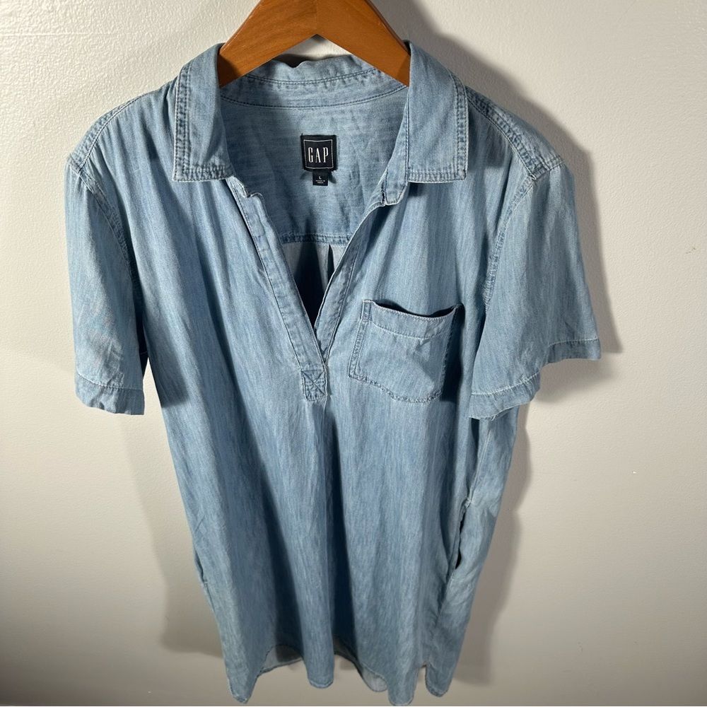 GAP Light Indigo Short Sleeve V-Neck Popover Denim Chambray Dress Size Large - Picture 13 of 13